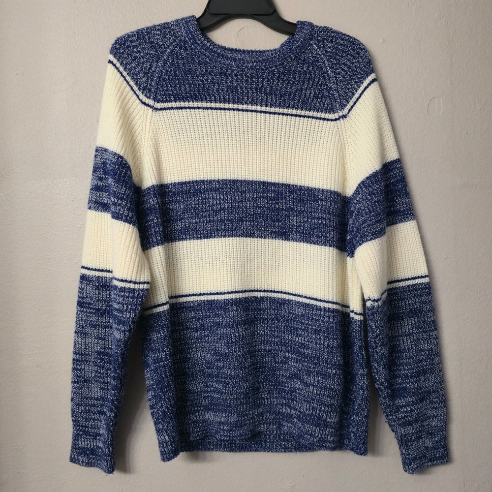 Vintage Expressions Blue Cream Marled Striped Raglan Crewneck Sweater Mens L